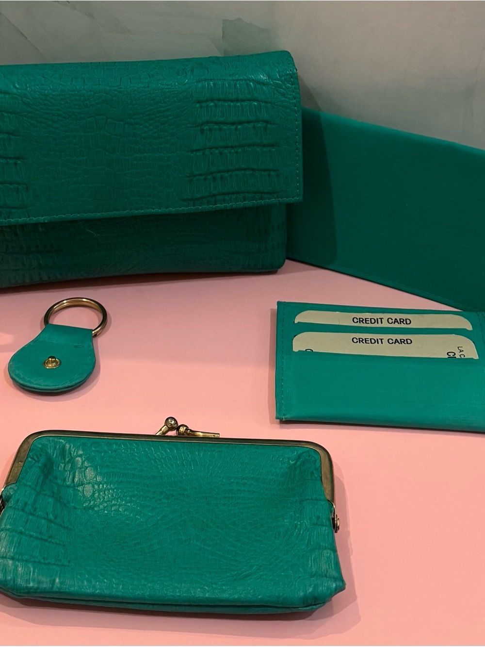 Women’s Teal Croc-Embossed Clutch & Wallet Set